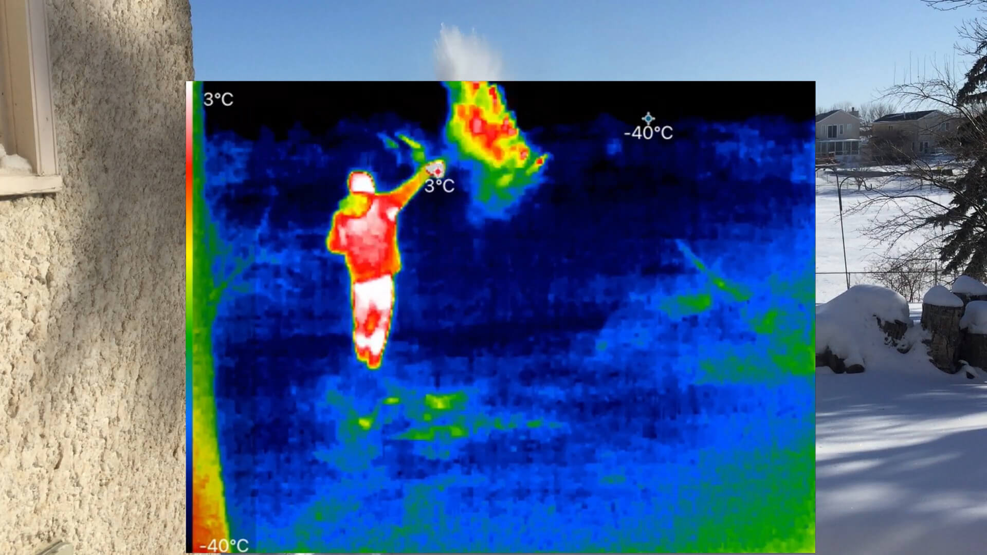 Thermal View of Hot Water Thrown into the Air in Winter